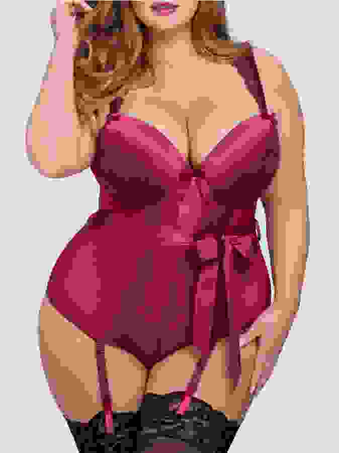 Lovehoney Plus Size Moonlight Wine Crotchless Plunge Teddy, Red, hi-res